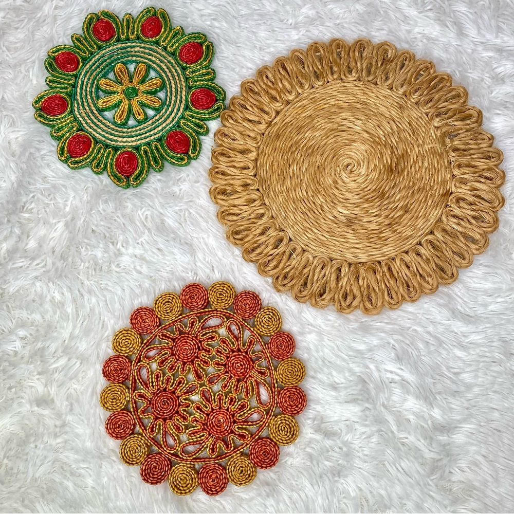 Vintage Set Of 3 Woven Boho Trivets Wall Decor